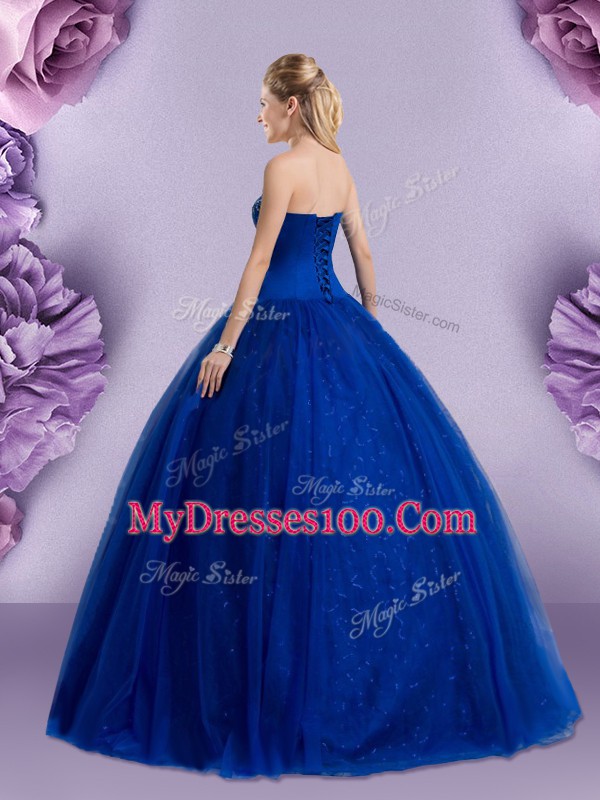 Royal Blue Ball Gowns Beading and Appliques 15 Quinceanera Dress Lace Up Tulle Sleeveless Floor Length