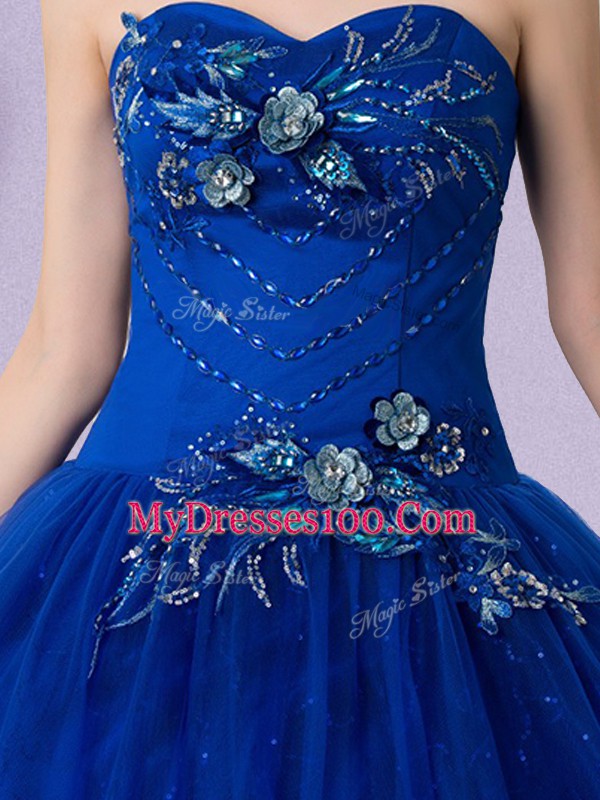Royal Blue Ball Gowns Beading and Appliques 15 Quinceanera Dress Lace Up Tulle Sleeveless Floor Length
