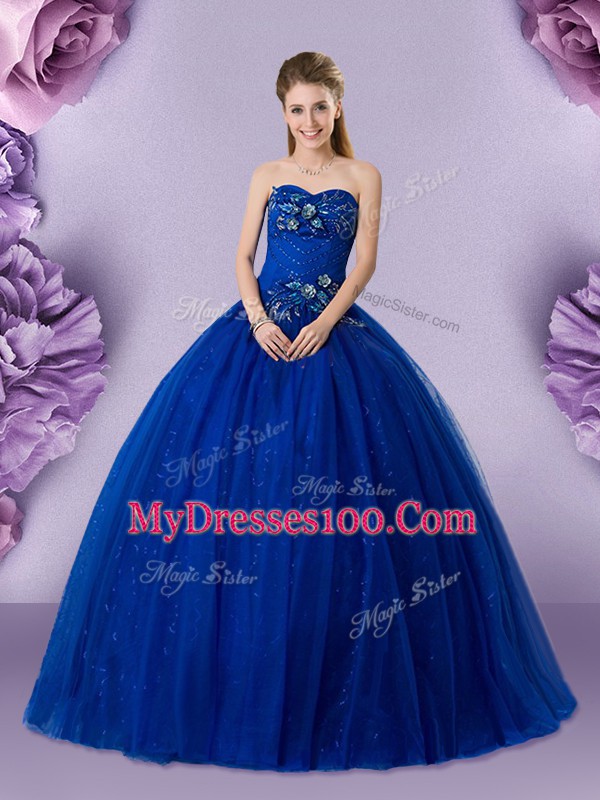 Royal Blue Ball Gowns Beading and Appliques 15 Quinceanera Dress Lace Up Tulle Sleeveless Floor Length