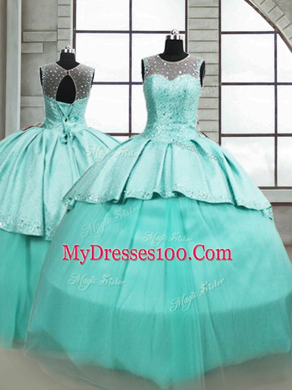On Sale Turquoise Ball Gowns Scoop Sleeveless Tulle Brush Train Lace Up Beading Quinceanera Dress