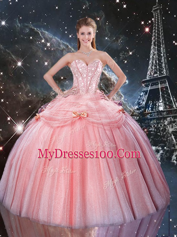Pink Tulle Lace Up Sweet 16 Dress Sleeveless Floor Length Beading