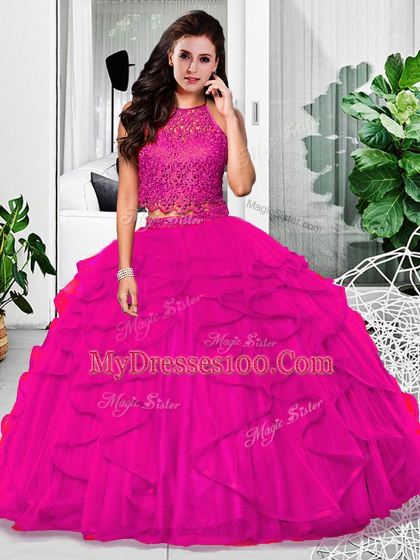 Tulle Halter Top Sleeveless Zipper Lace and Ruffles Quince Ball Gowns in Fuchsia