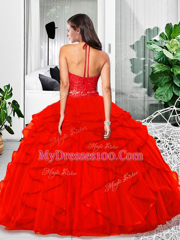 Tulle Halter Top Sleeveless Zipper Lace and Ruffles Quince Ball Gowns in Fuchsia