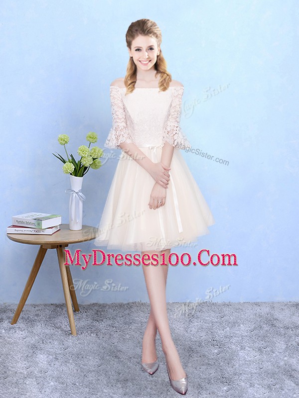 Dynamic Half Sleeves Tulle Knee Length Lace Up Quinceanera Court Dresses in Champagne with Lace