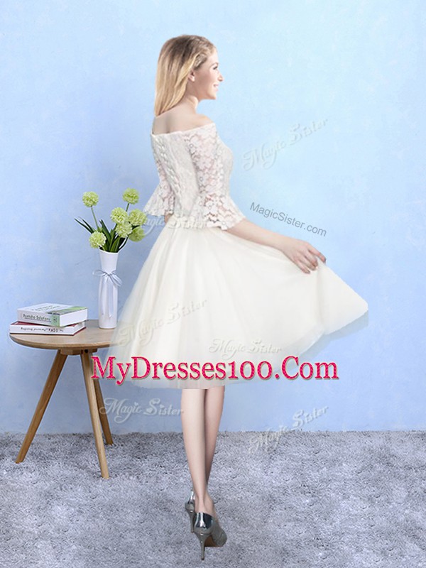 Dynamic Half Sleeves Tulle Knee Length Lace Up Quinceanera Court Dresses in Champagne with Lace