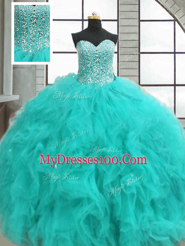Floor Length Ball Gowns Sleeveless Turquoise Quinceanera Gowns Lace Up