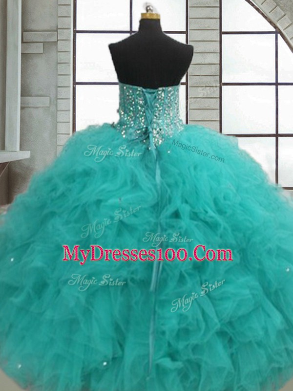 Floor Length Ball Gowns Sleeveless Turquoise Quinceanera Gowns Lace Up