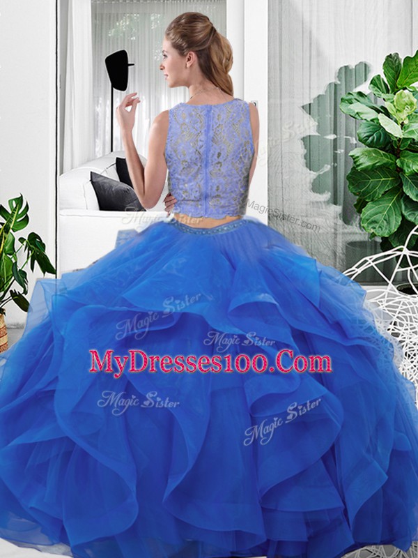 Fuchsia Tulle Zipper Ball Gown Prom Dress Sleeveless Floor Length Lace and Ruffles