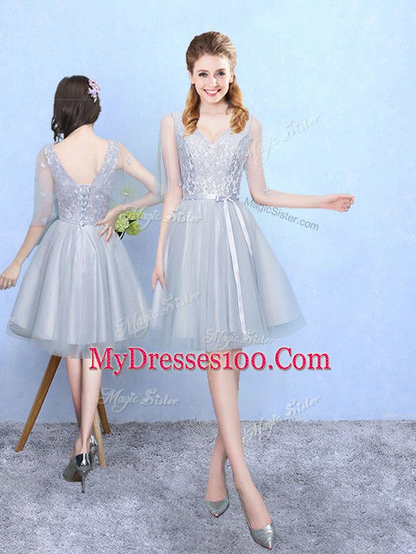 Delicate Silver Lace Up Wedding Guest Dresses Lace Half Sleeves Knee Length