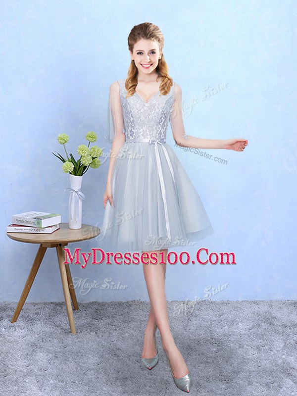 Delicate Silver Lace Up Wedding Guest Dresses Lace Half Sleeves Knee Length