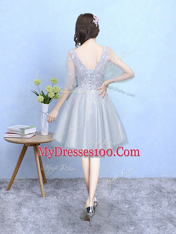 Delicate Silver Lace Up Wedding Guest Dresses Lace Half Sleeves Knee Length