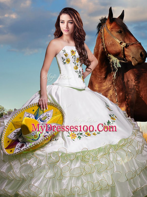 Elegant Sleeveless Taffeta Floor Length Lace Up 15 Quinceanera Dress in White with Embroidery and Ruffled Layers