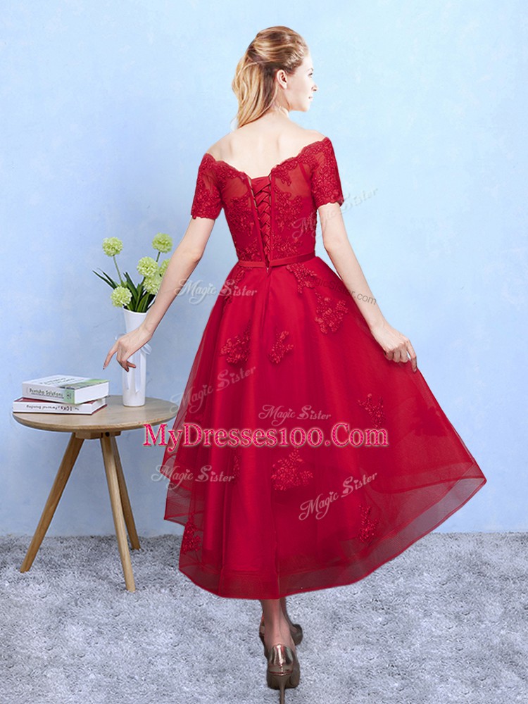 Wine Red A-line Organza Off The Shoulder Short Sleeves Appliques High Low Lace Up Damas Dress