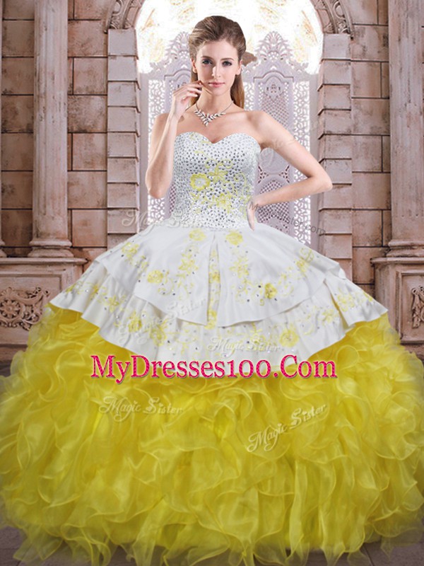 Dynamic Yellow And White Sleeveless Beading and Appliques and Ruffles Floor Length Quinceanera Gowns