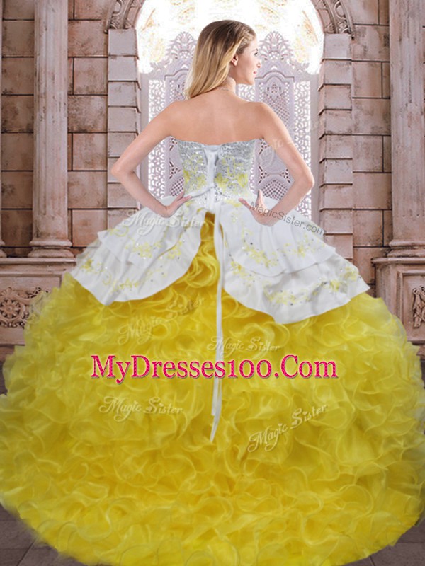 Dynamic Yellow And White Sleeveless Beading and Appliques and Ruffles Floor Length Quinceanera Gowns