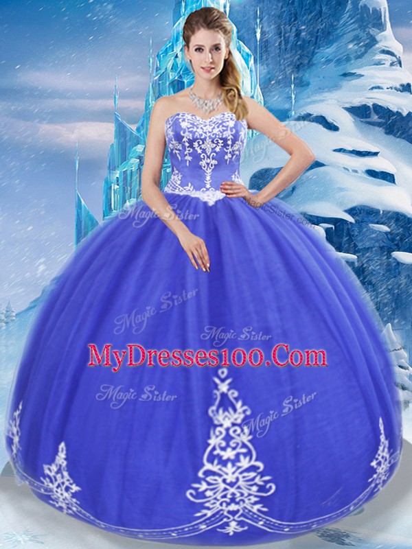 Sweetheart Sleeveless Zipper 15th Birthday Dress Blue Tulle
