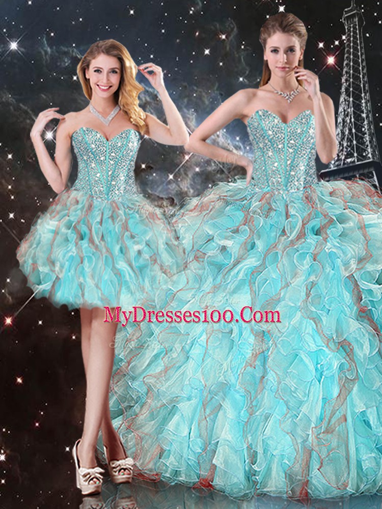 Floor Length Aqua Blue Sweet 16 Dresses Sweetheart Sleeveless Lace Up