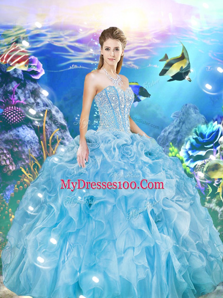 Smart Ball Gowns Sweet 16 Dresses Aqua Blue Sweetheart Organza Sleeveless Floor Length Lace Up