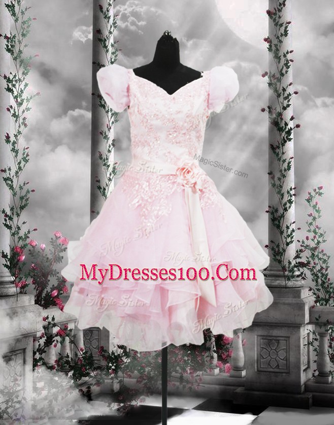 Gorgeous Knee Length A-line Short Sleeves Baby Pink Homecoming Dress Lace Up