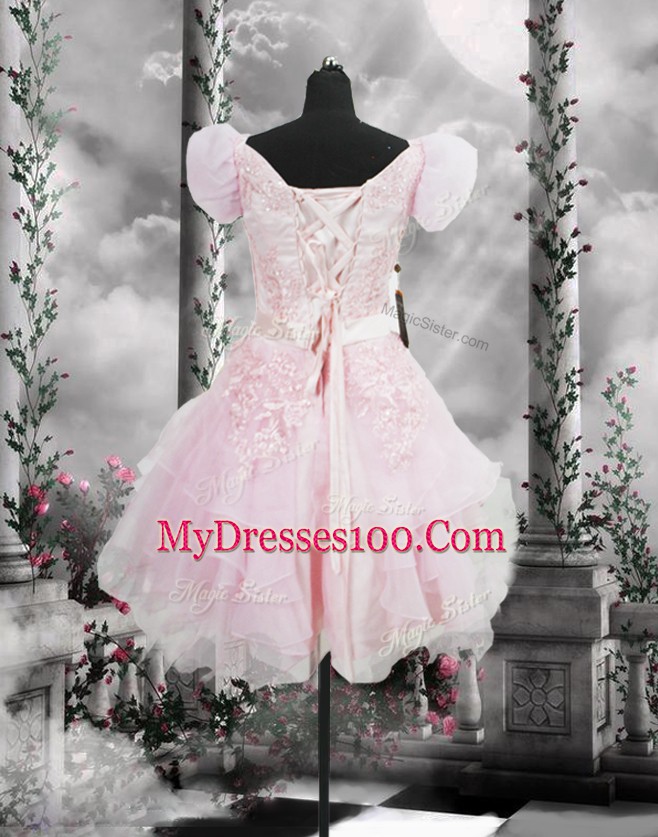 Gorgeous Knee Length A-line Short Sleeves Baby Pink Homecoming Dress Lace Up