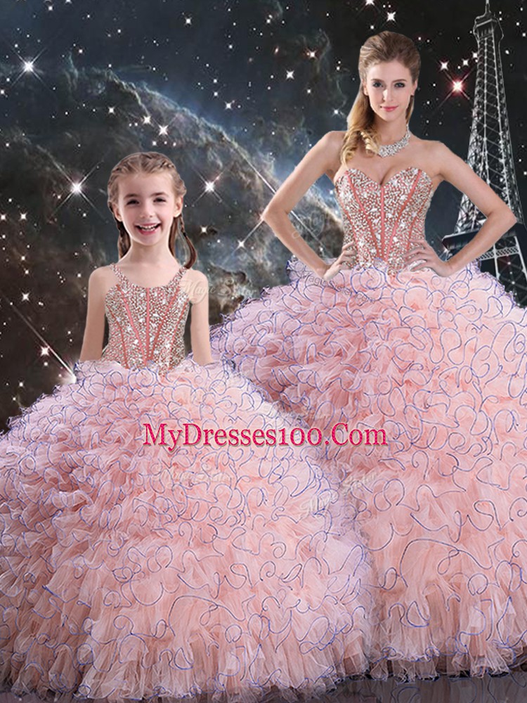 Baby Pink Organza Lace Up Sweetheart Sleeveless Floor Length Quinceanera Dress Beading and Ruffles