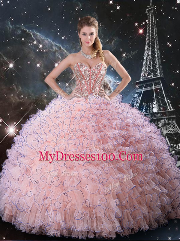 Baby Pink Organza Lace Up Sweetheart Sleeveless Floor Length Quinceanera Dress Beading and Ruffles