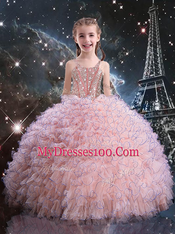 Baby Pink Organza Lace Up Sweetheart Sleeveless Floor Length Quinceanera Dress Beading and Ruffles