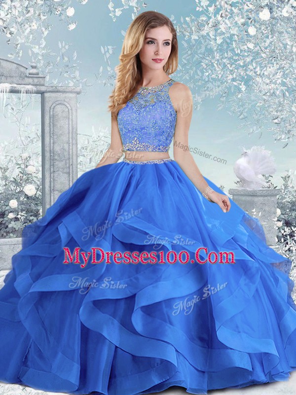 Royal Blue Long Sleeves Organza Clasp Handle Ball Gown Prom Dress for Military Ball and Sweet 16 and Quinceanera