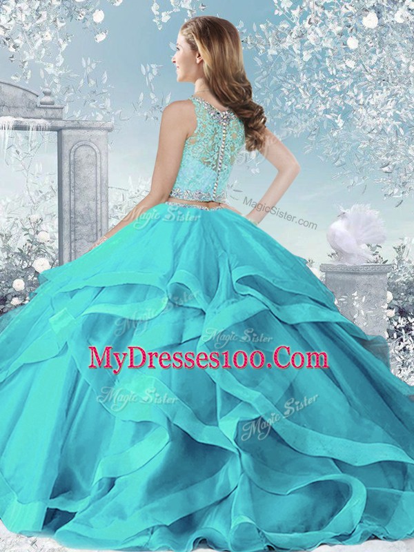 Royal Blue Long Sleeves Organza Clasp Handle Ball Gown Prom Dress for Military Ball and Sweet 16 and Quinceanera