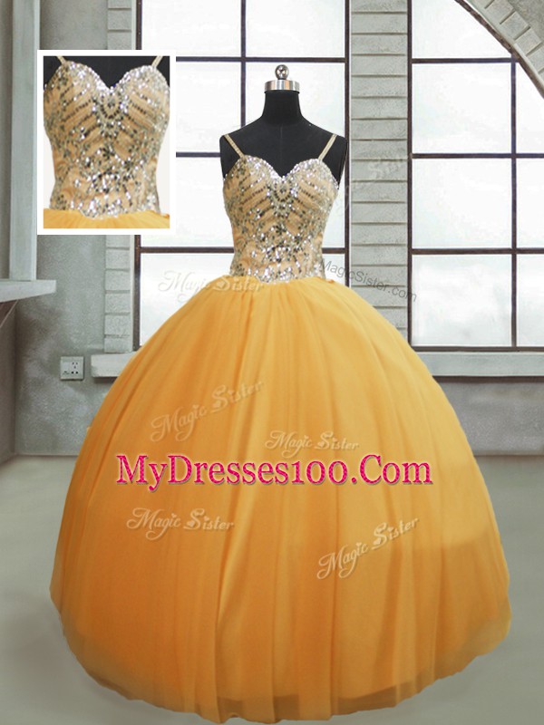 Modern Ball Gowns Quince Ball Gowns Gold Spaghetti Straps Tulle Sleeveless Floor Length Lace Up