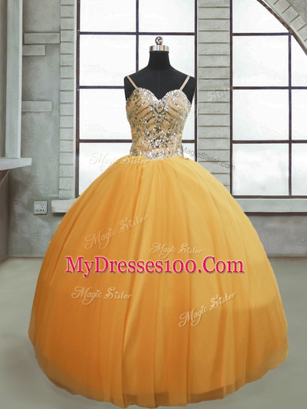 Modern Ball Gowns Quince Ball Gowns Gold Spaghetti Straps Tulle Sleeveless Floor Length Lace Up