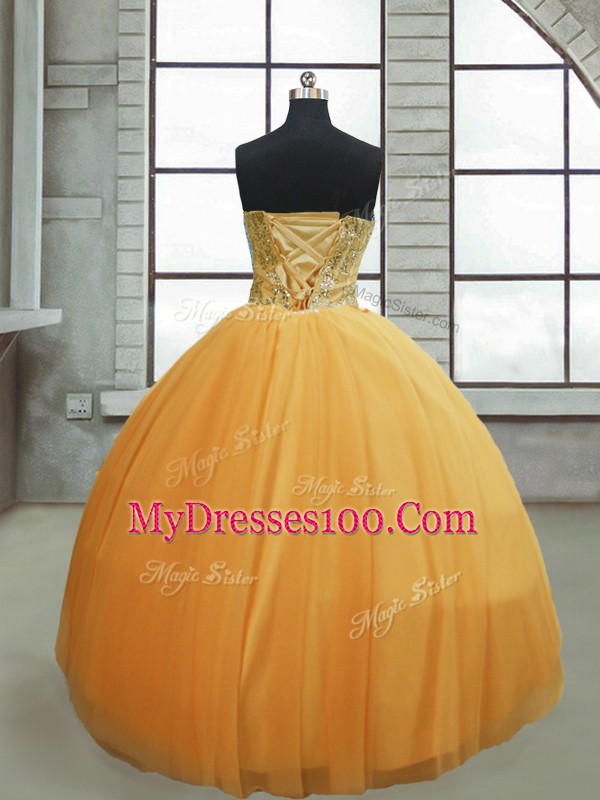 Modern Ball Gowns Quince Ball Gowns Gold Spaghetti Straps Tulle Sleeveless Floor Length Lace Up