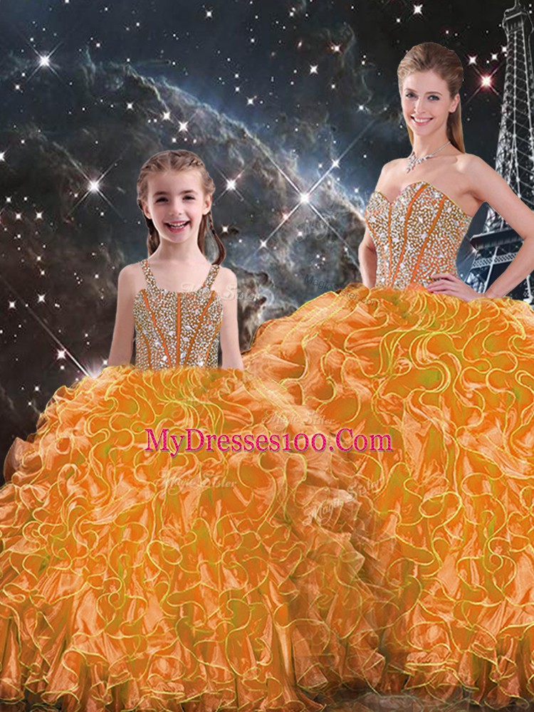 Orange Sweetheart Lace Up Beading and Ruffles Ball Gown Prom Dress Sleeveless