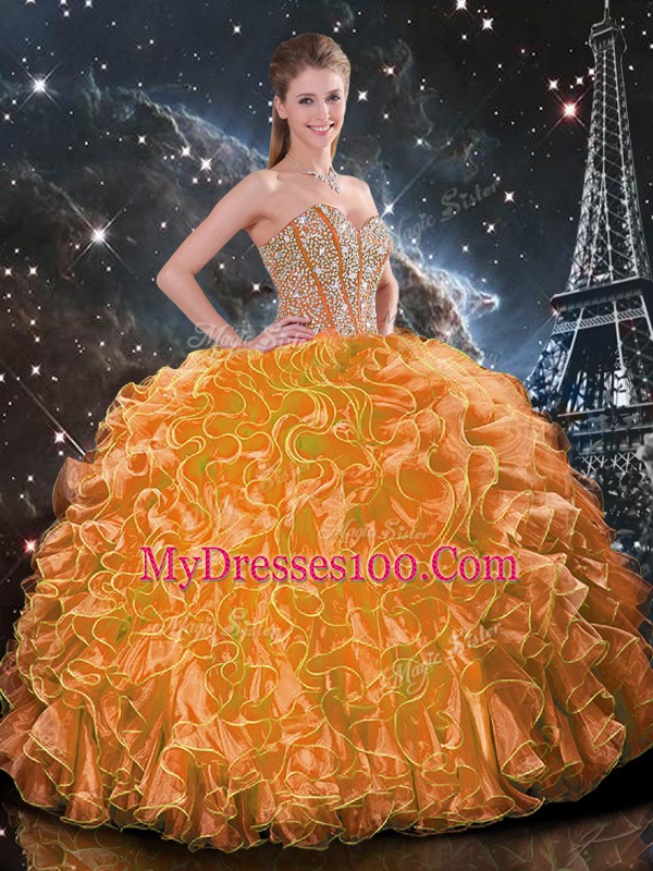 Orange Sweetheart Lace Up Beading and Ruffles Ball Gown Prom Dress Sleeveless