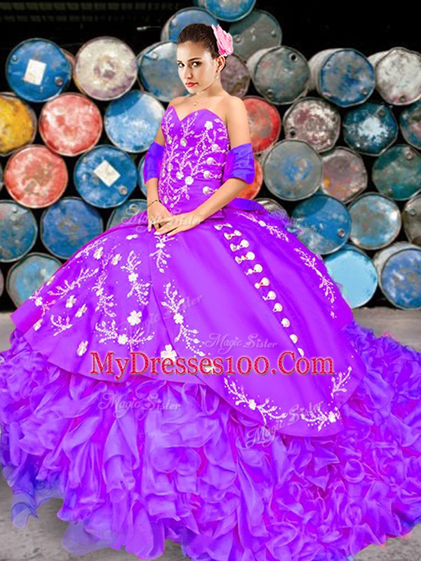 Lilac 15th Birthday Dress Military Ball and Sweet 16 and Quinceanera with Embroidery and Ruffles Sweetheart Sleeveless Brush Train Lace Up