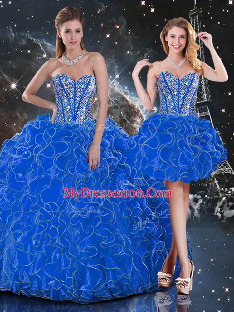 Blue Organza Lace Up 15 Quinceanera Dress Sleeveless Floor Length Beading and Ruffles