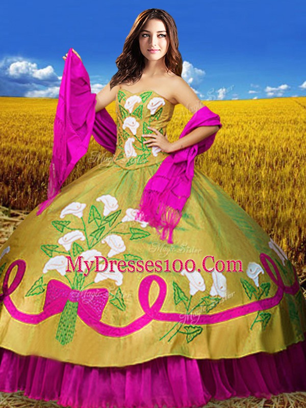 Dynamic Sleeveless Taffeta Floor Length Lace Up Vestidos de Quinceanera in Multi-color with Embroidery