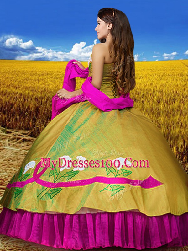 Dynamic Sleeveless Taffeta Floor Length Lace Up Vestidos de Quinceanera in Multi-color with Embroidery