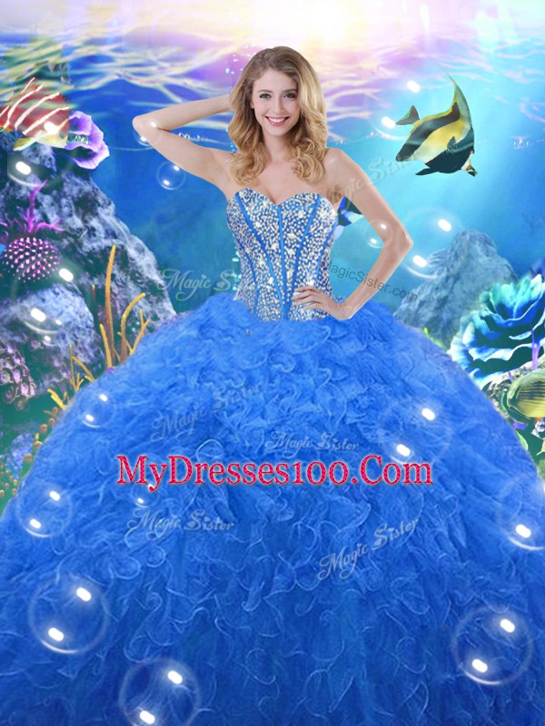 Extravagant Floor Length Blue Quince Ball Gowns Sweetheart Sleeveless Lace Up