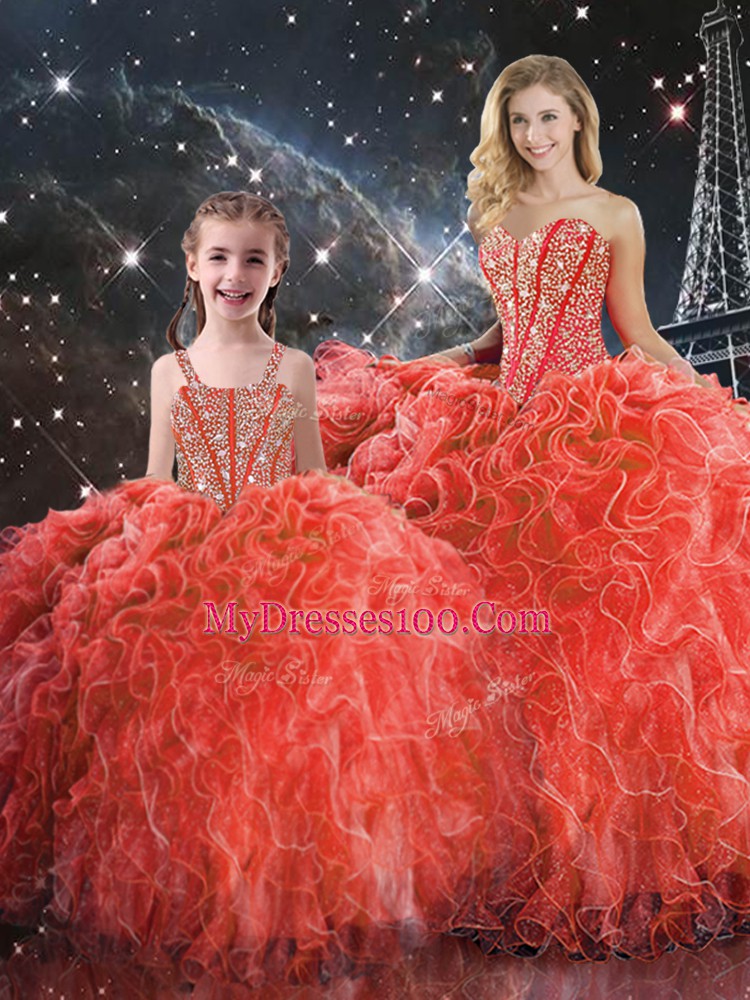 Wonderful Coral Red Sleeveless Organza Lace Up 15th Birthday Dress for Military Ball and Sweet 16 and Quinceanera