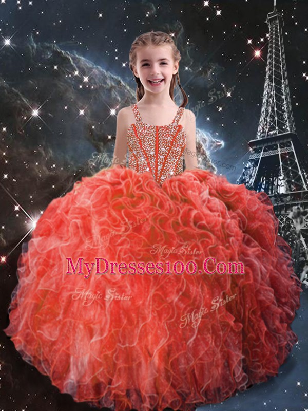Wonderful Coral Red Sleeveless Organza Lace Up 15th Birthday Dress for Military Ball and Sweet 16 and Quinceanera