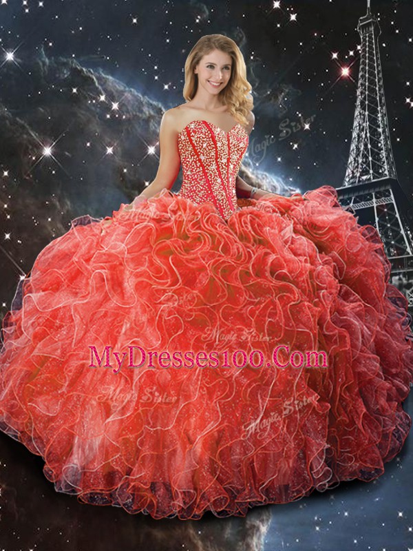 Wonderful Coral Red Sleeveless Organza Lace Up 15th Birthday Dress for Military Ball and Sweet 16 and Quinceanera