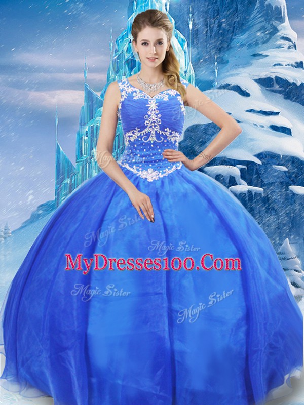 High Quality Sleeveless Organza Floor Length Zipper Quinceanera Dress in Blue with Beading