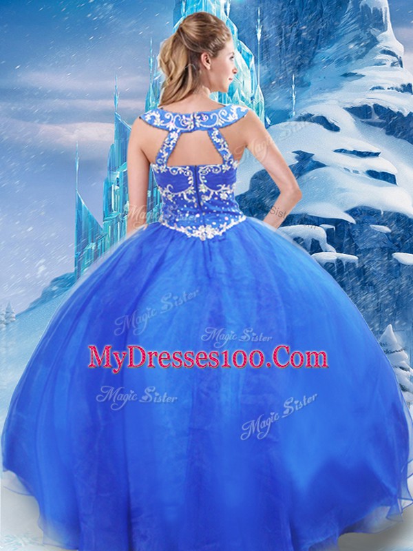 High Quality Sleeveless Organza Floor Length Zipper Quinceanera Dress in Blue with Beading