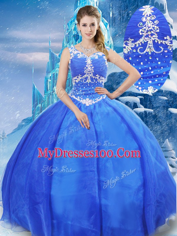 High Quality Sleeveless Organza Floor Length Zipper Quinceanera Dress in Blue with Beading