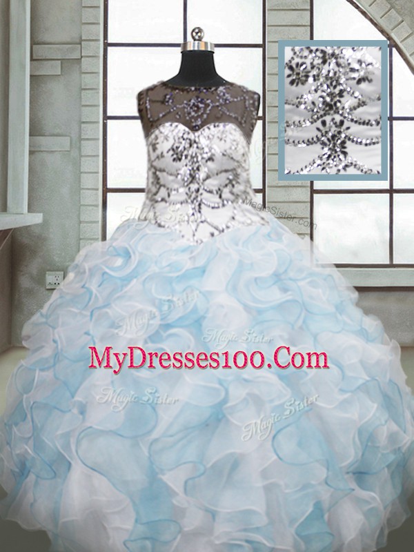 Hot Selling Floor Length Lace Up Quinceanera Gowns Blue And White for Military Ball and Sweet 16 and Quinceanera with Beading and Ruffles