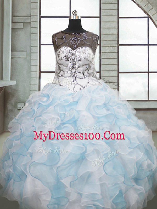 Hot Selling Floor Length Lace Up Quinceanera Gowns Blue And White for Military Ball and Sweet 16 and Quinceanera with Beading and Ruffles