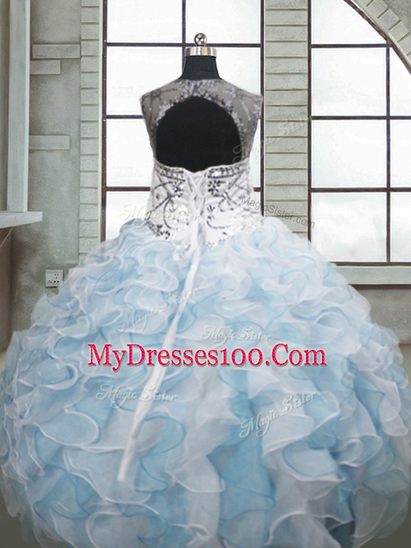 Hot Selling Floor Length Lace Up Quinceanera Gowns Blue And White for Military Ball and Sweet 16 and Quinceanera with Beading and Ruffles