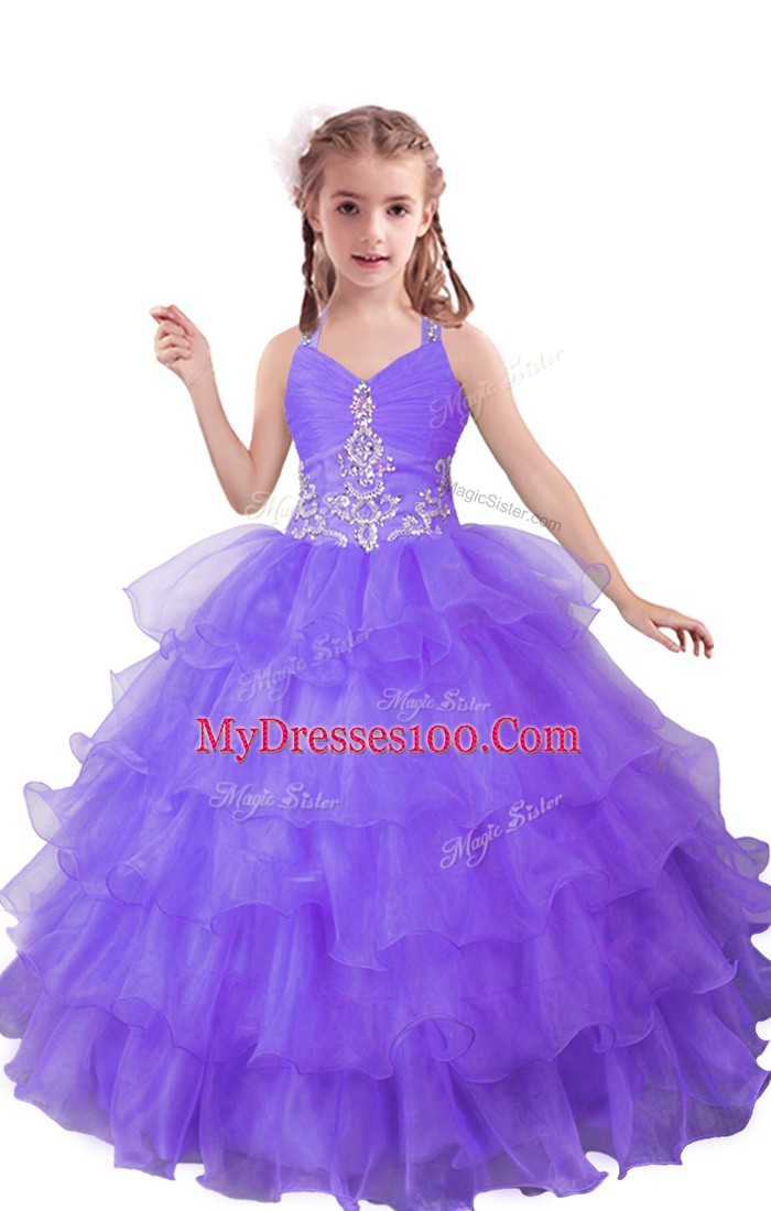 Hot Selling Floor Length Lilac Child Pageant Dress V-neck Sleeveless Zipper