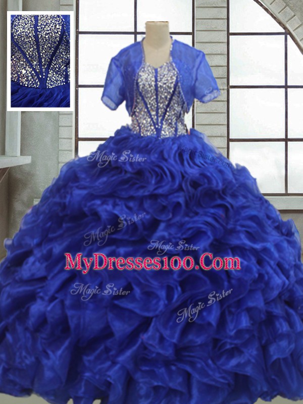 Nice Royal Blue Short Sleeves Organza Lace Up Quinceanera Dress for Military Ball and Sweet 16 and Quinceanera